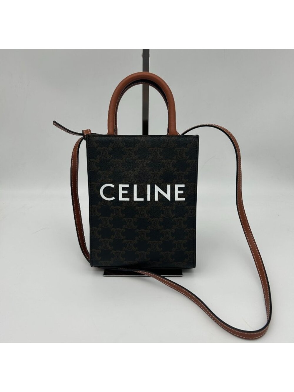 Celine Mini Barty Calcaba 2-Way Shoulder Bag Triomphe Canvas Tan Dark Brown